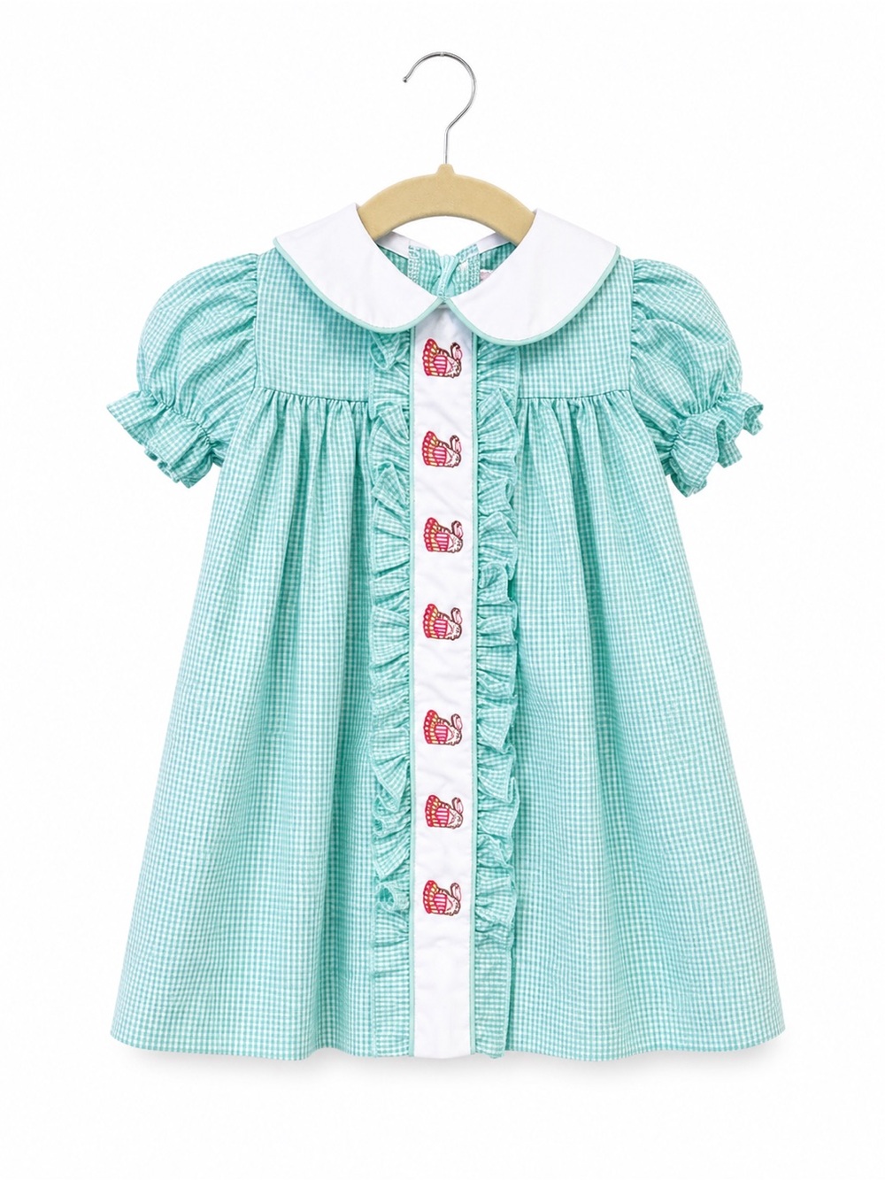 Classic Whimsy Mint Gingham Turkey Embroidered Dress Girls 12M Thanksgiving RARE